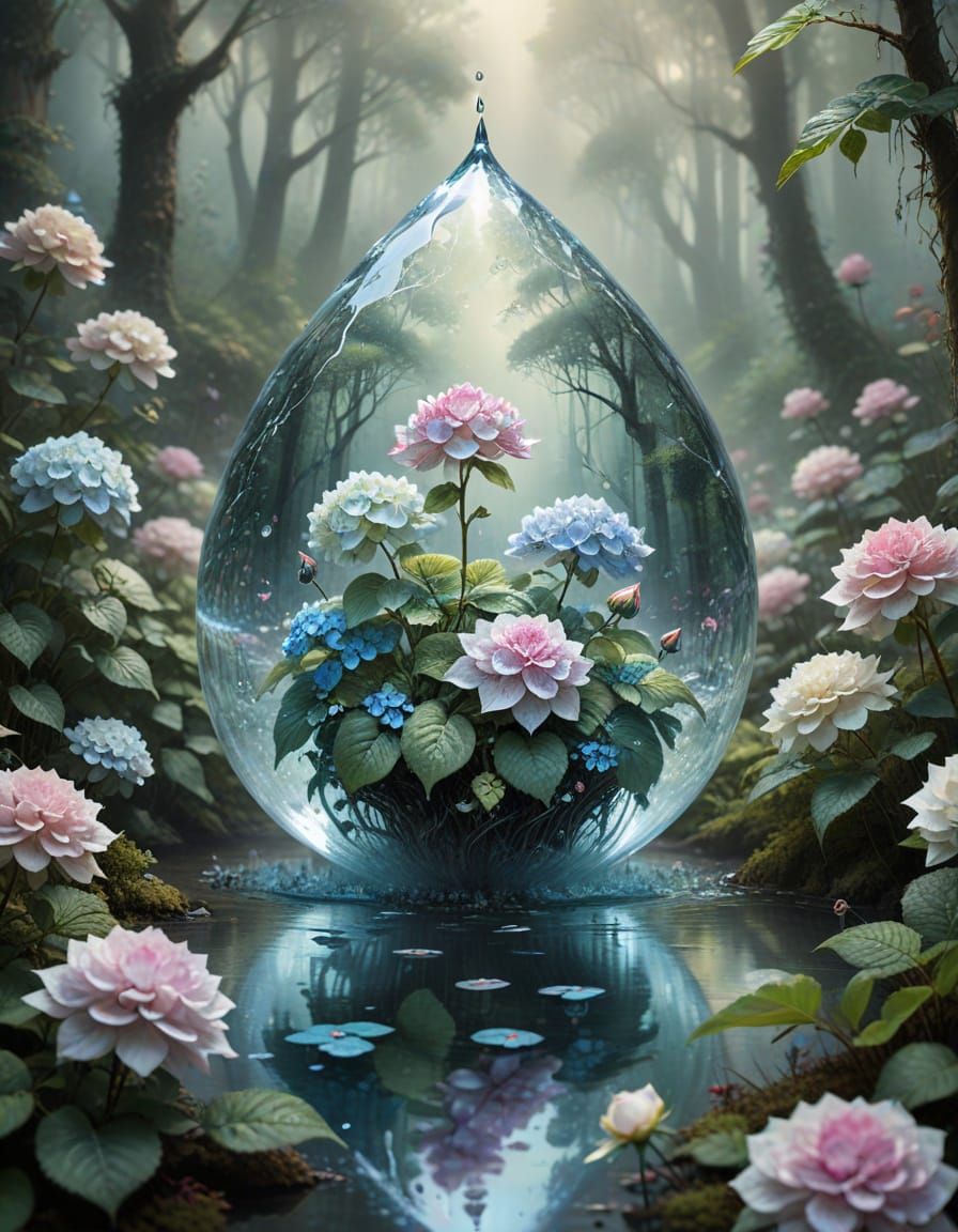 Crystalline Water Drop in Forest Garden, Ethereal Fantasy St...