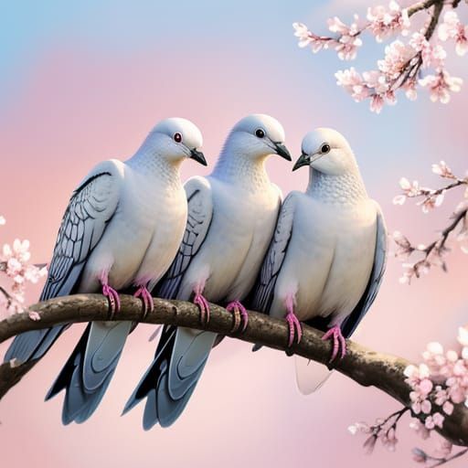 Doves on Cherry Blossom Branch in Vibrant Oil Painting