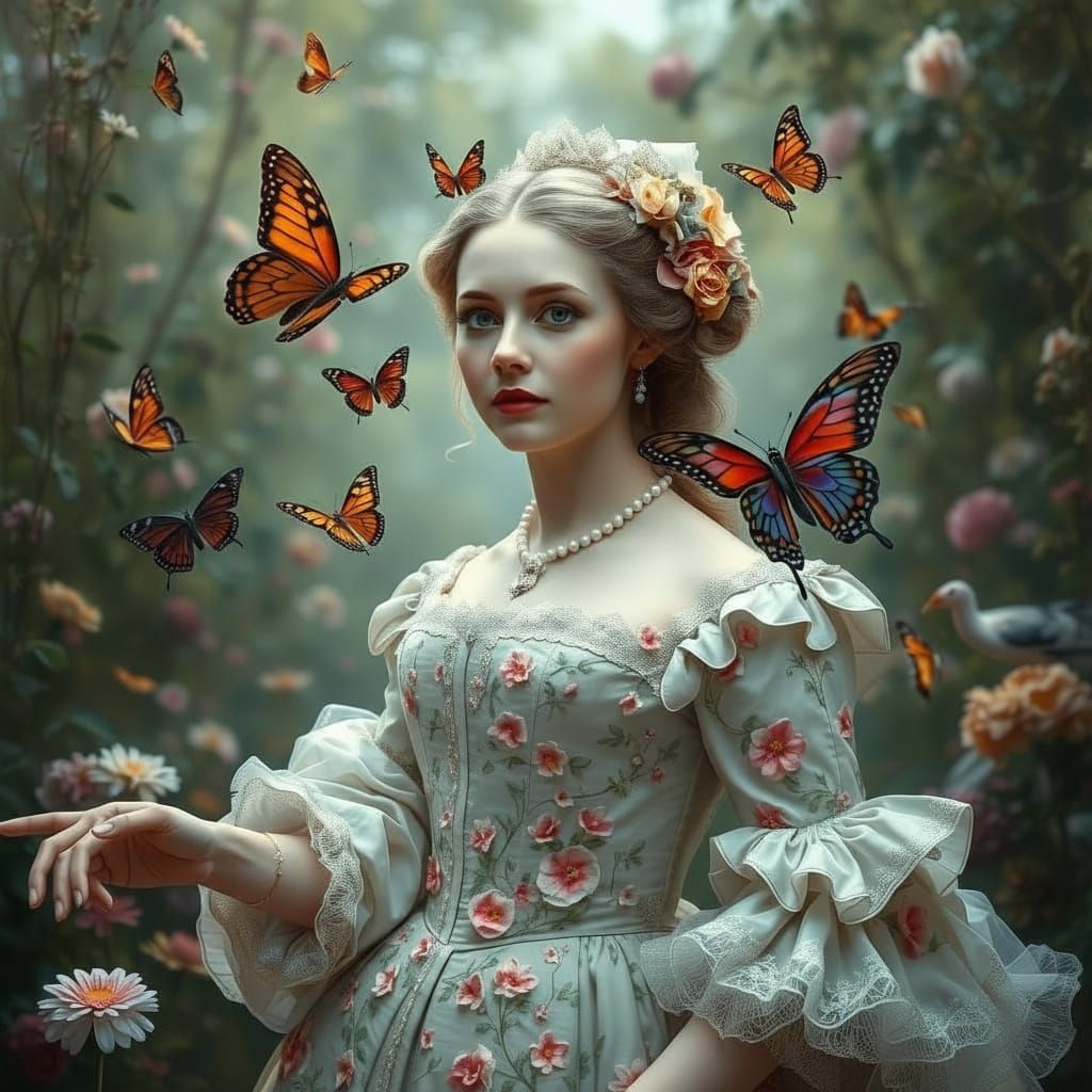 ((18th-century noblewoman portrait)), ((surrealism:1.4)), ((vivid butterflies:1.3)) fluttering around and landing on her elaborate floral dr...