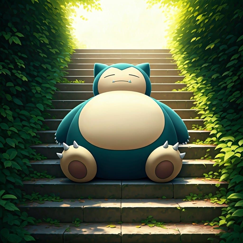 A Snorlax pokemon sleeping on stairs  by @Art Bug