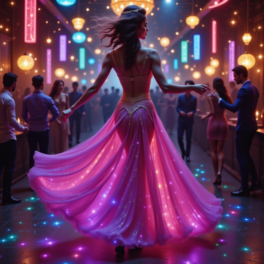 Fantasy fashion neon dance ballroom elaborate dress colorful creative diverse <lora:Dancer Lumina:1.0>