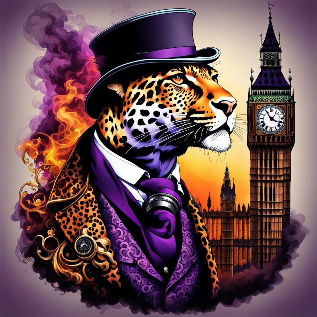 Over-detailed colored portrait of a leopard as Sherlock Holm...