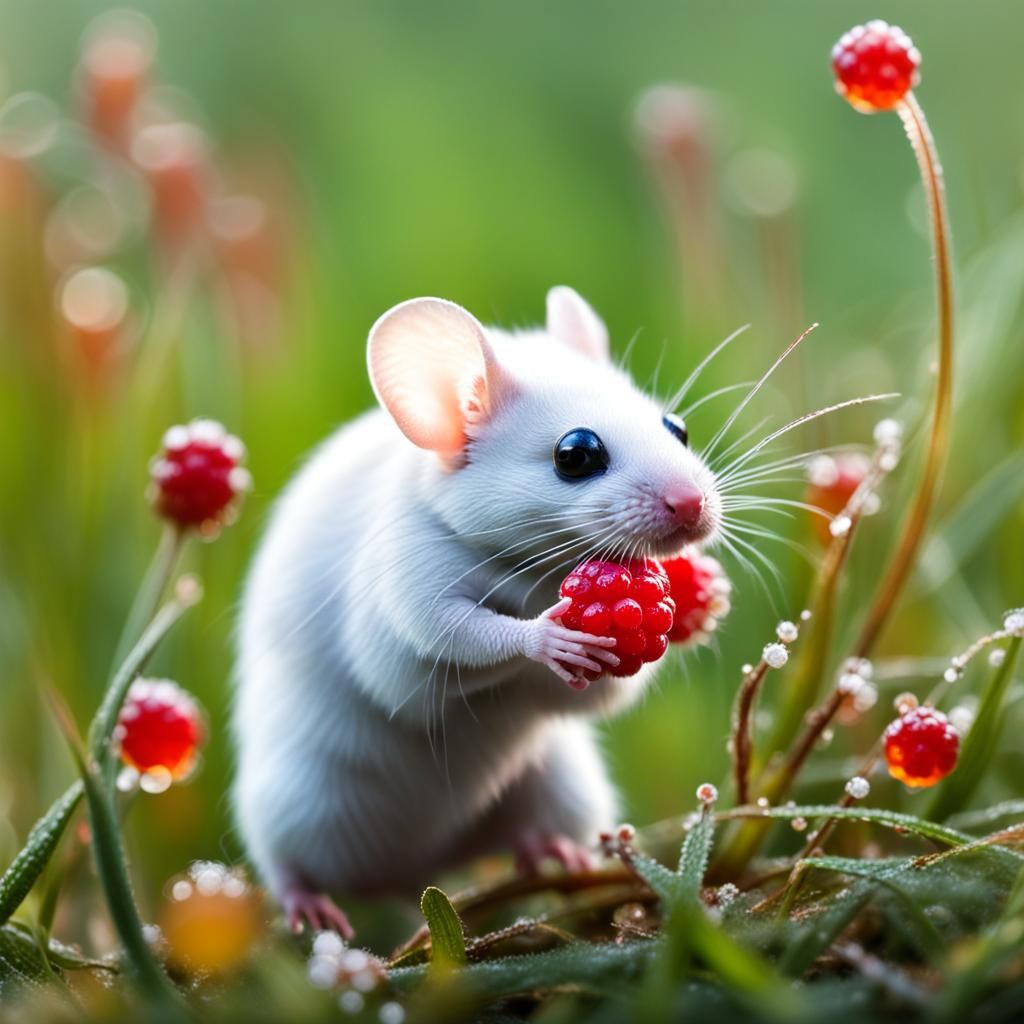 albino field mouse berries vibrant grass dew
