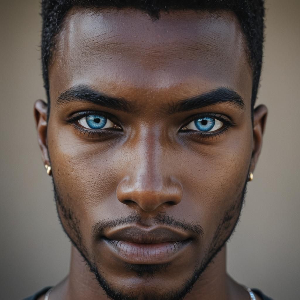 One blue eye one gold eye, black skin, masculine eyes