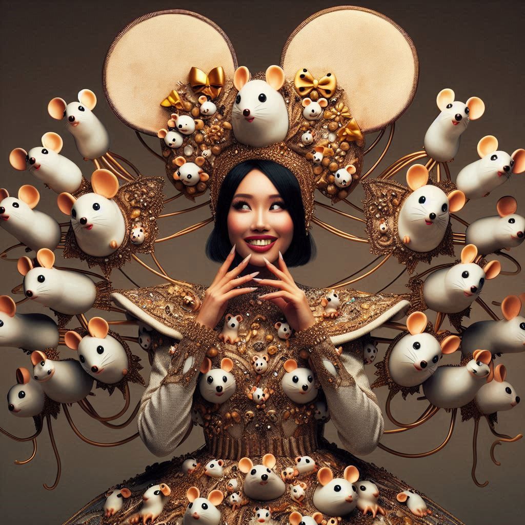 woman in dress made of smiling mouse dress. very detailed  p...