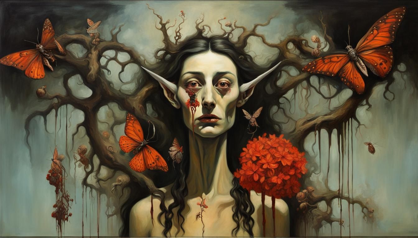 sinister elf, bleeding flowers, moths, gnarly forest, horror, Laura ...