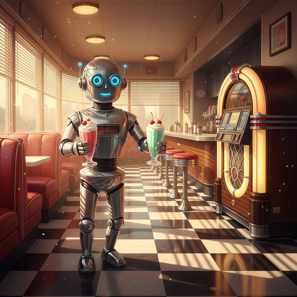 Cheerful robot serves milkshakes in retro diner.
Checkerboard floor and jukebox set vibrant tone.
Sunlight beams through blinds, casting str...