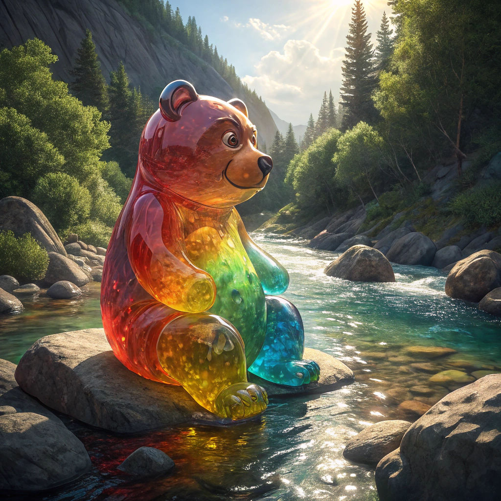 giant Gummy bear in rainbow colors reflecting the sun, in a mountain river  by @RocketCat