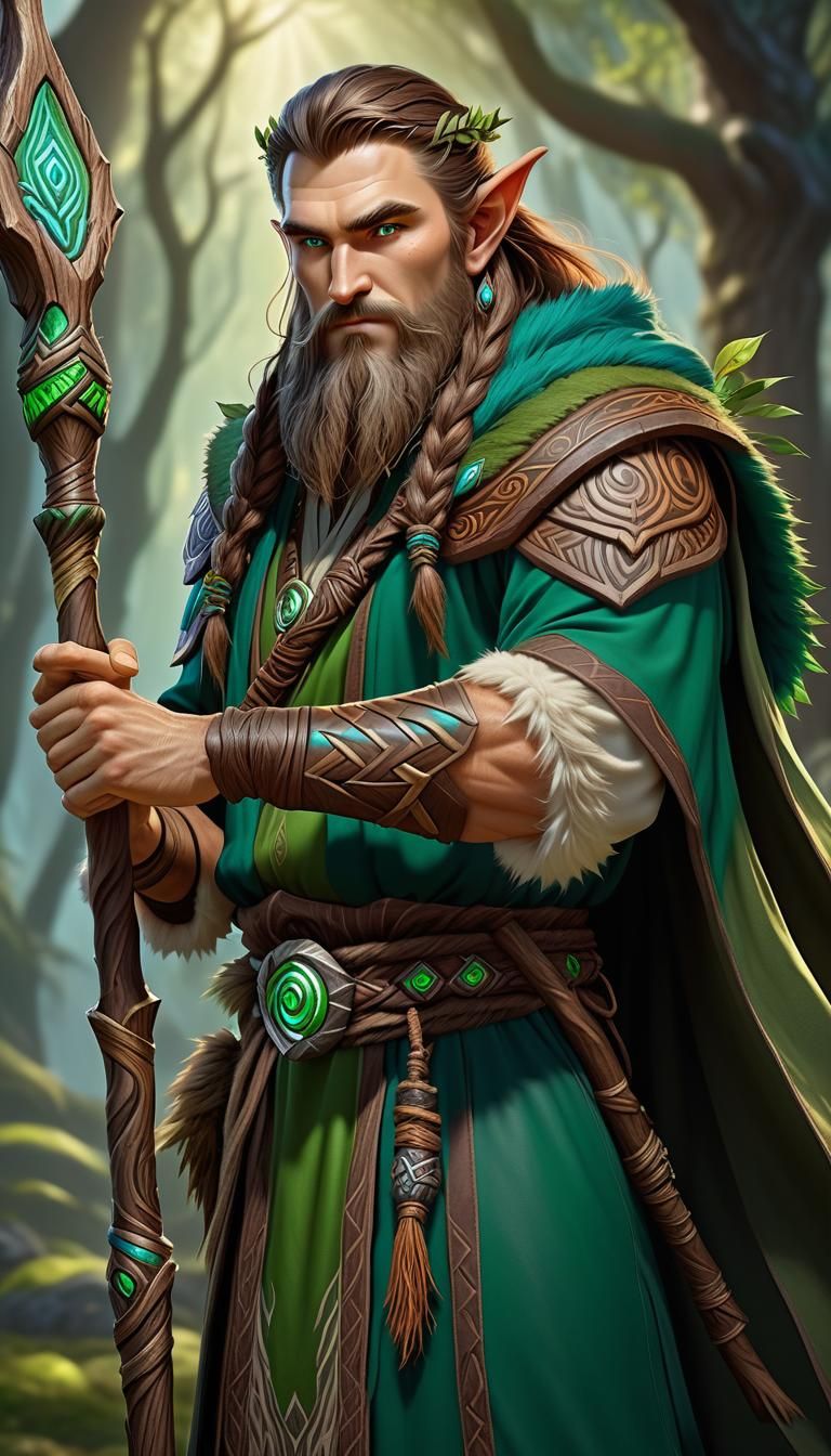 A mighty elf druid, brown hair and beard, wearing druid clot...