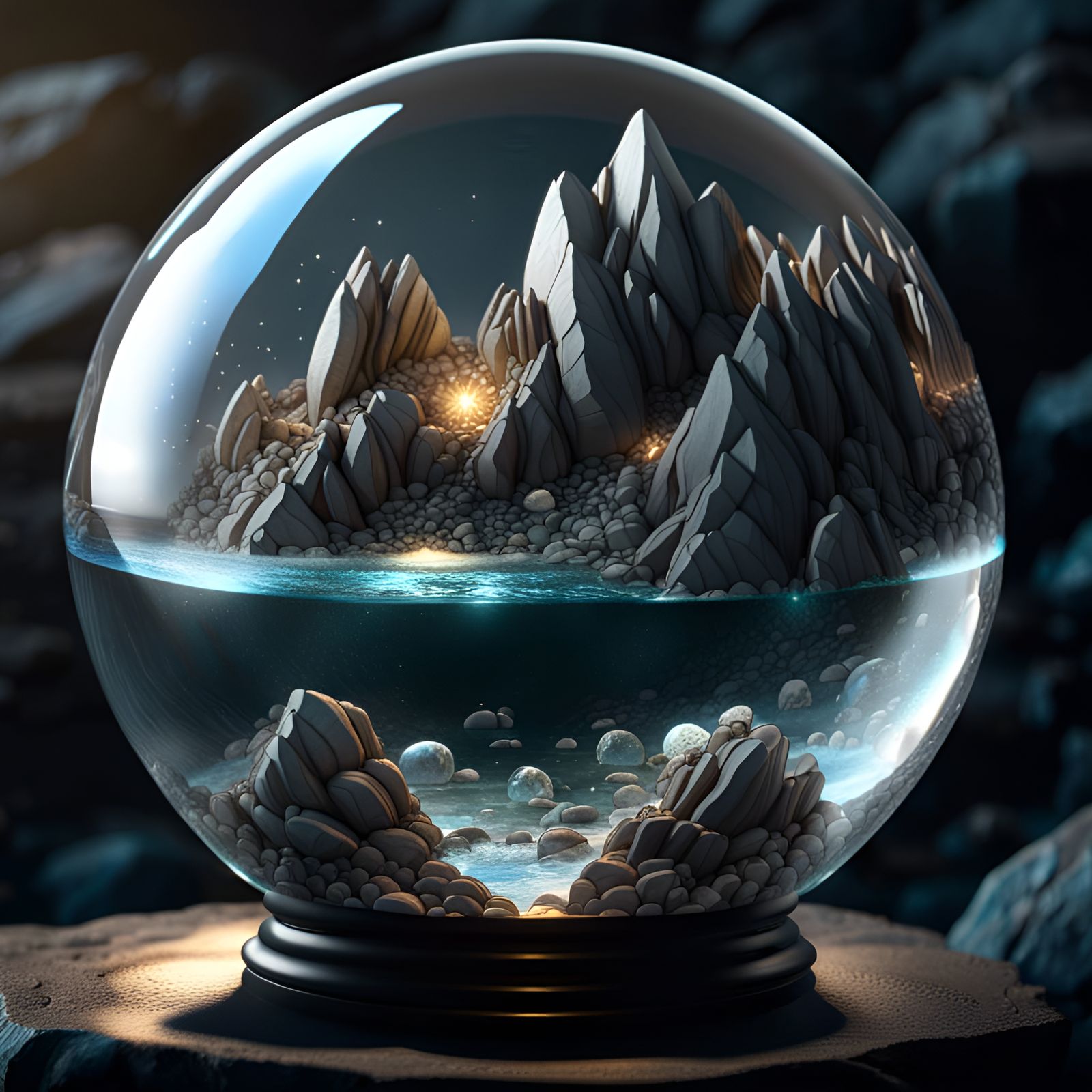 Rocky Shoreline in Glass Orb: Hyperrealistic Concept Art