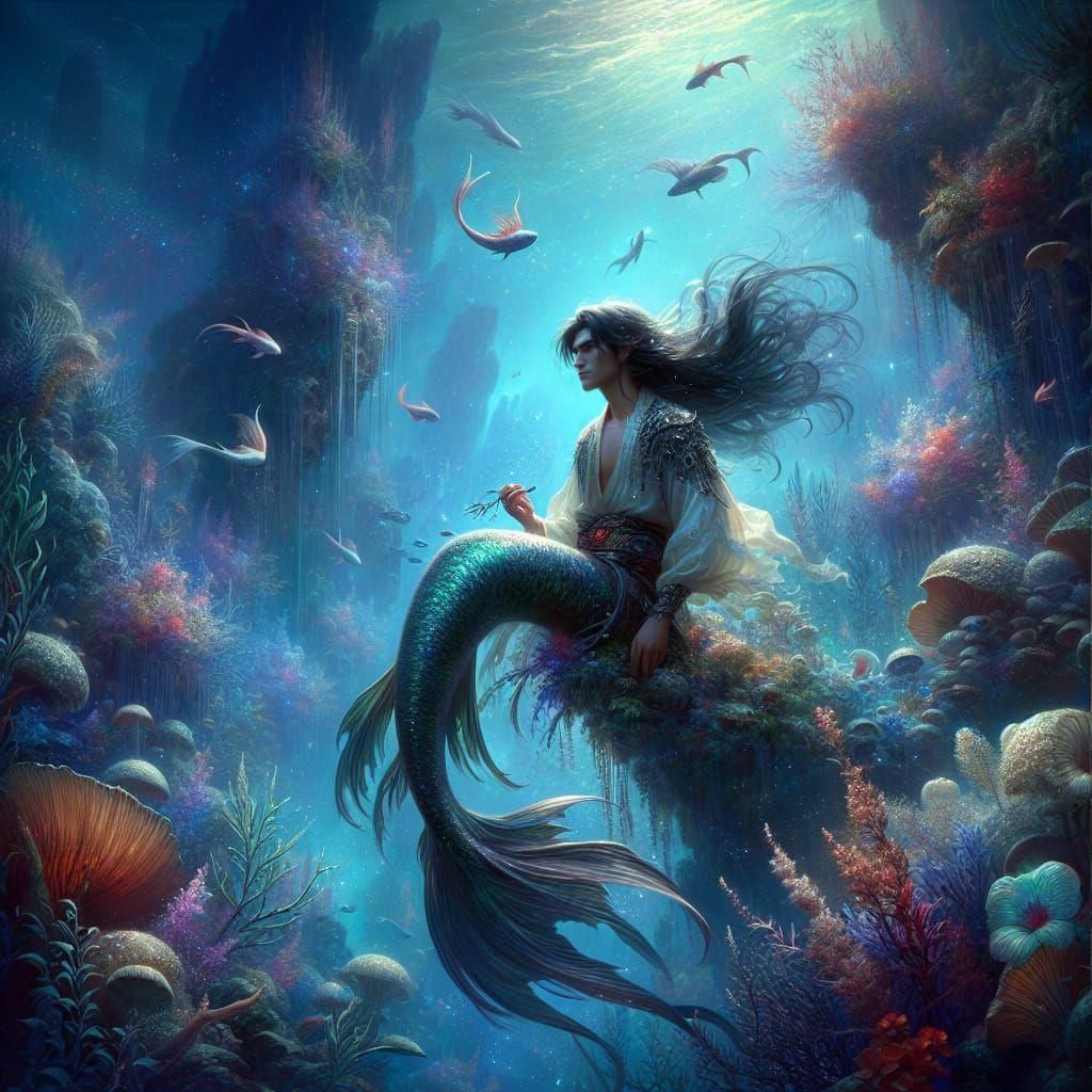 Enchanting Underwater Scene: Young Merman in Fantasy Style