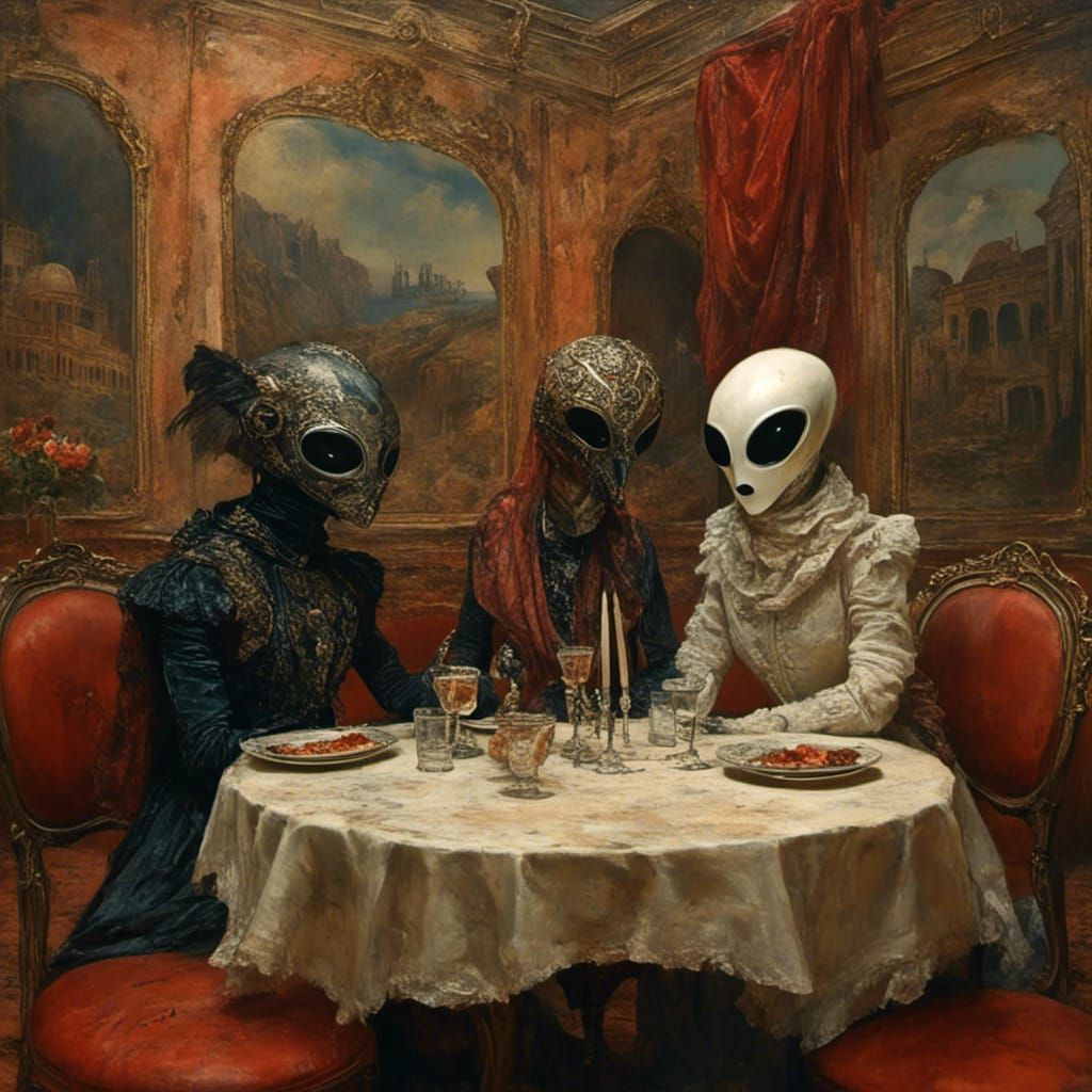 <lora:Mars Masquerade:1.0>
Two aliens on a date in a fancy restaurant on Mars. pre-raphaelitism, Venetian masquerade style