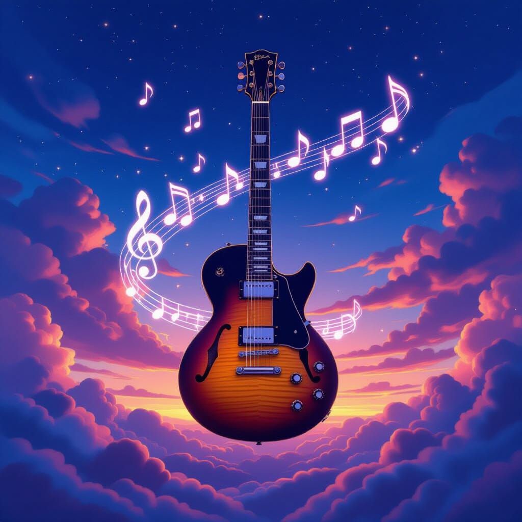 Guitar in the sky line with music notes coming out 