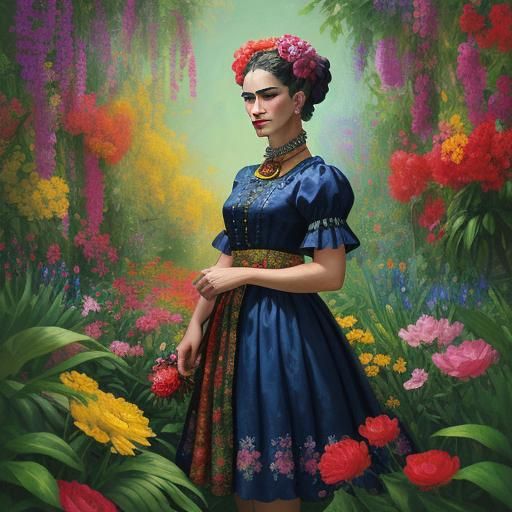 Colorful Woman in Garden as Impasto Oil Painting