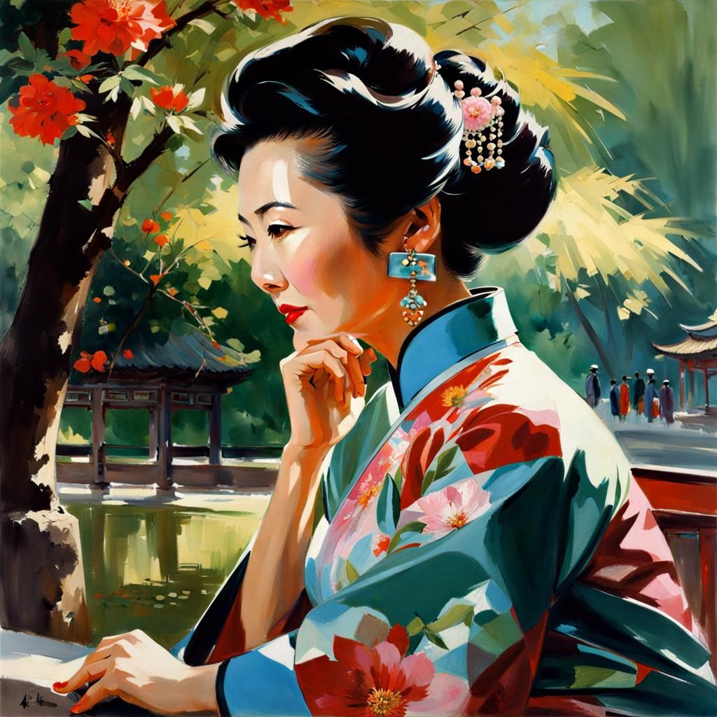 Close-up of a old Chinese woman wearing a qipao dress with a...