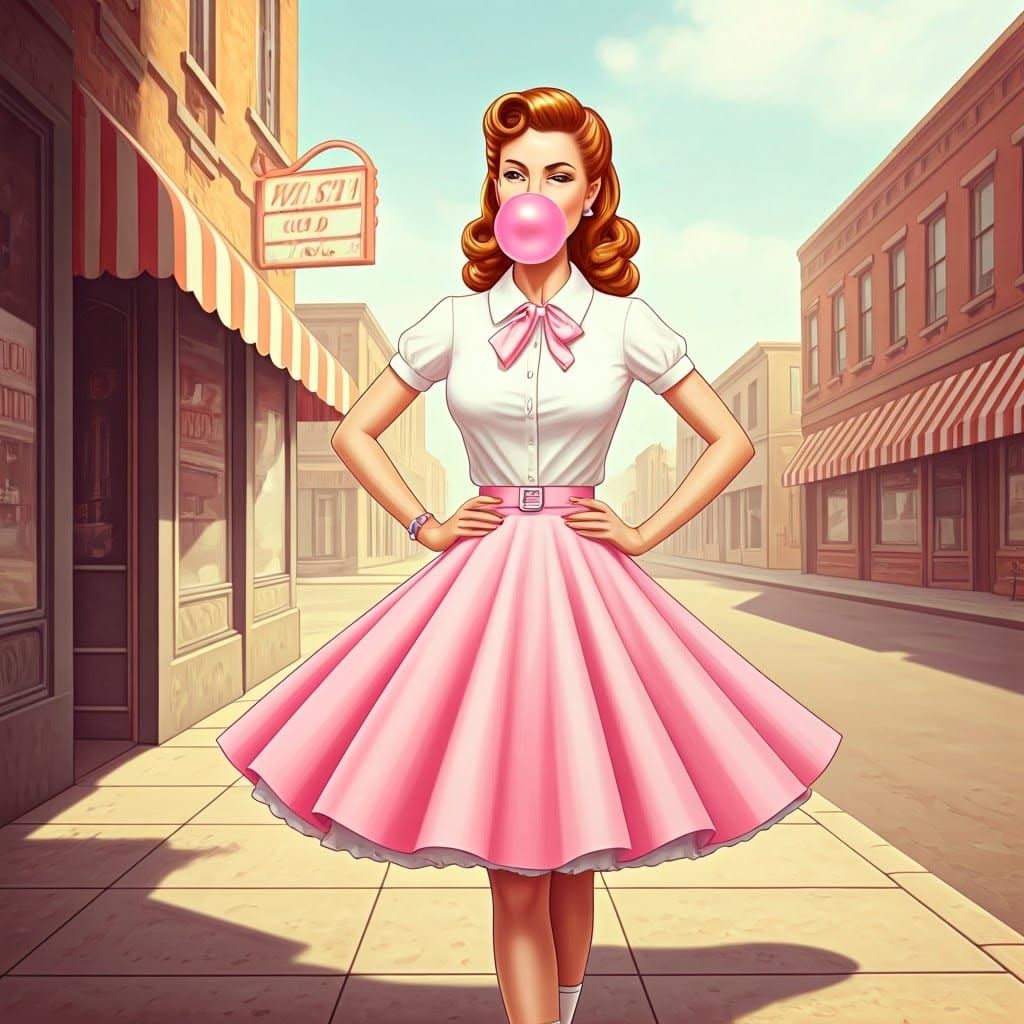 A charming woman from the 1950s, embodying the quintessential pin-up style with her glossy red lips pursed ...  by @JestersKeep