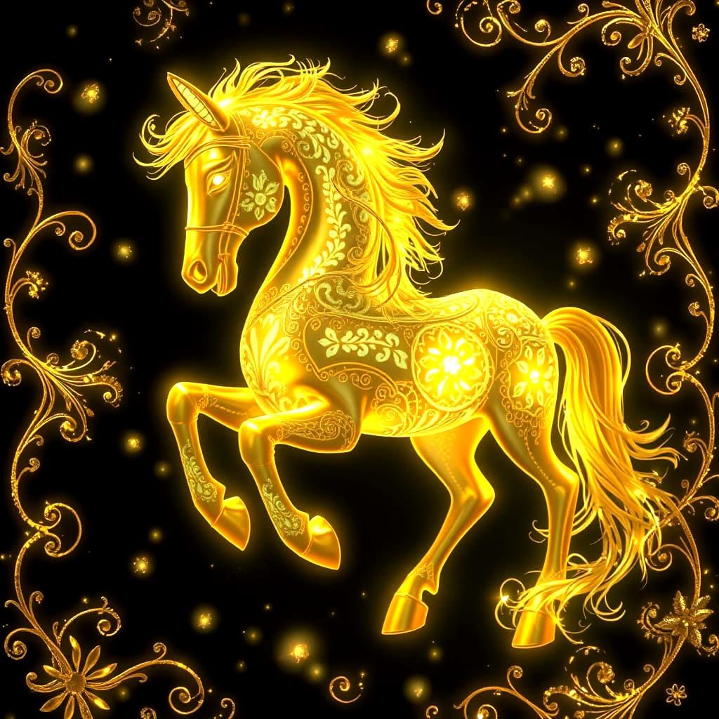 A  horse that is bioluminescent and ethereal, with filigree, and a black background filled with golden designs of filigree. The horse is gol...
