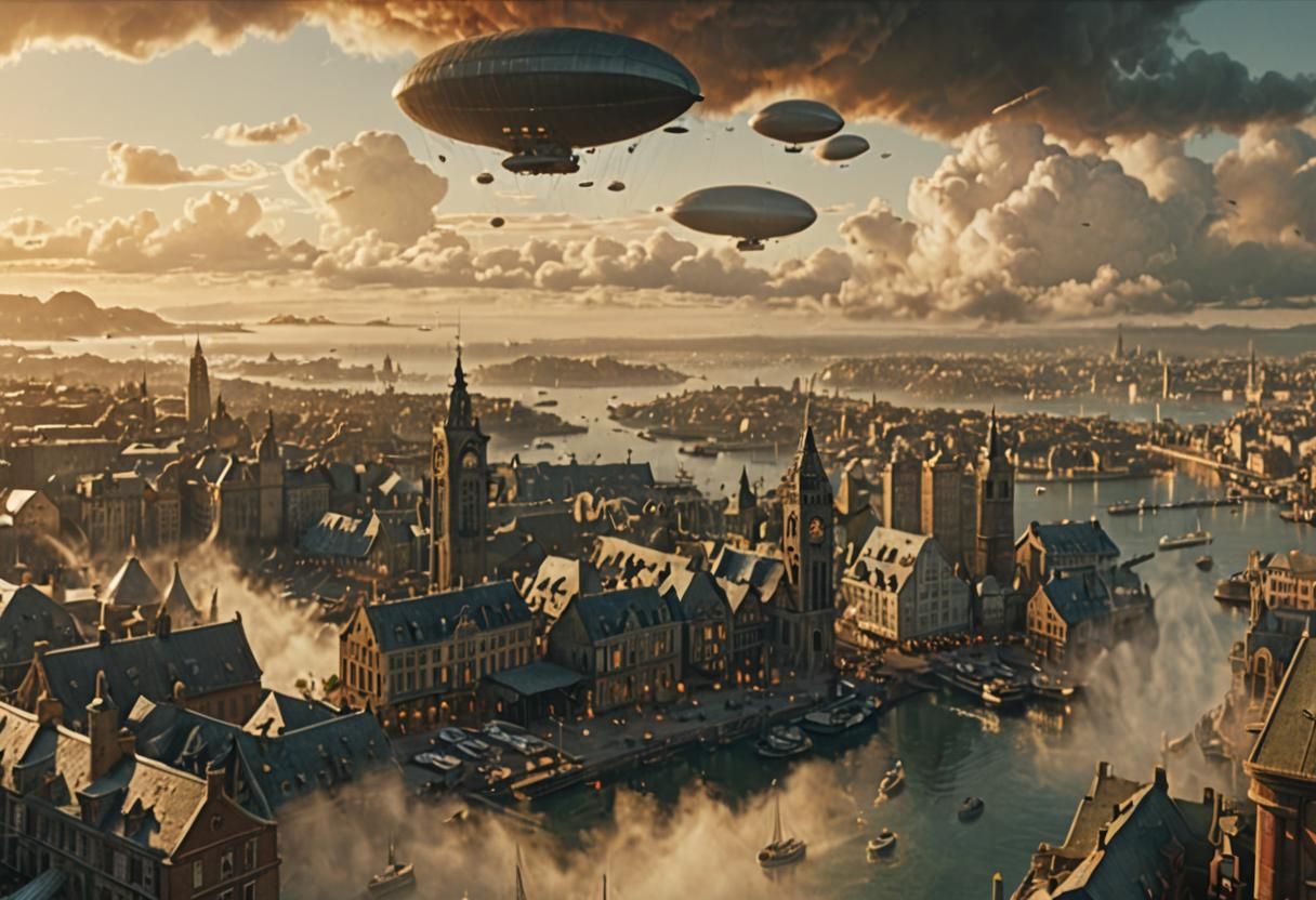 harbour city, rainy night, one zeppelin in the sky, city lights, gas lamps Epic cinematic brilliant stunning intricate meticulously detailed...