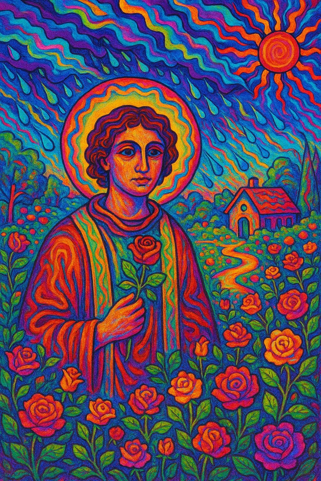 Saint Stephen with a rose, in and out of the garden he goes, country garden in the wind and the rain, wherever he goes t...