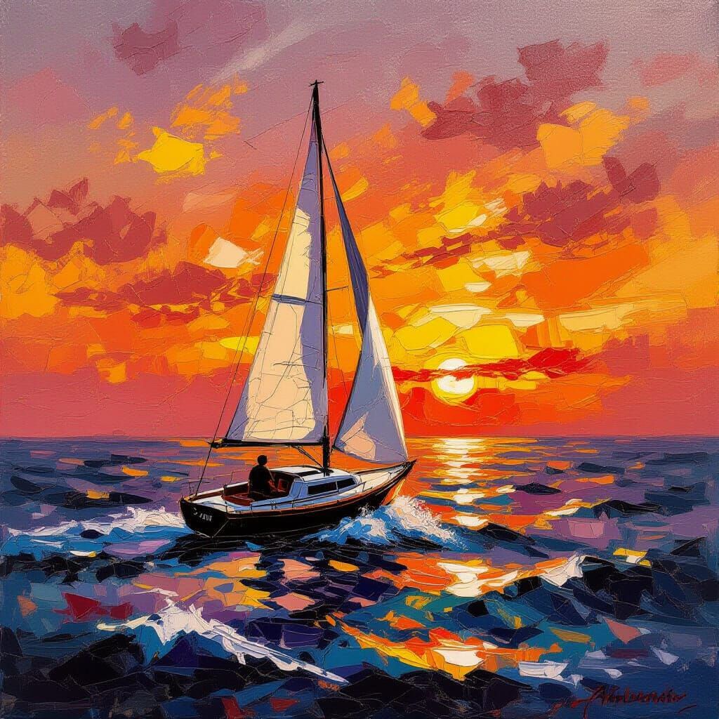 Sailboat at Sunset in Impressionist Style