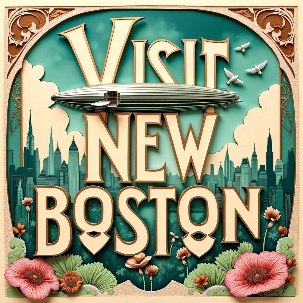 Text in an Art Déco font: "Visit New Boston", strange sky, retrofuturistic alien Boston Skyline with sleek Retrofuturist Art Deco airship, V...