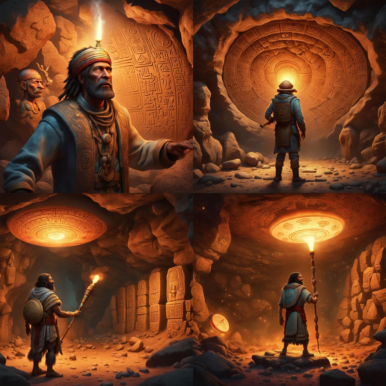 early man holding a torch looking at hieroglyphs on a cave w...
