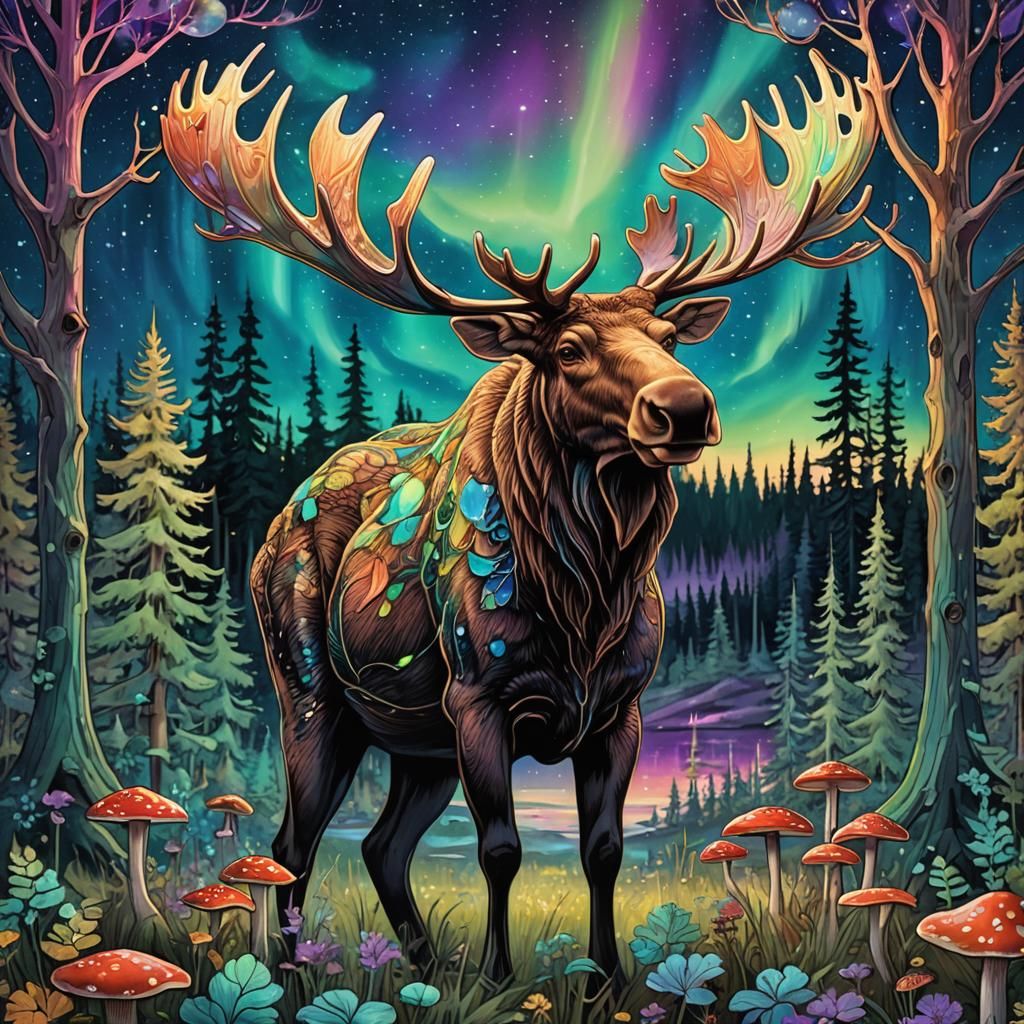 Art nouveau moose in the forest, mushrooms, under the northe...
