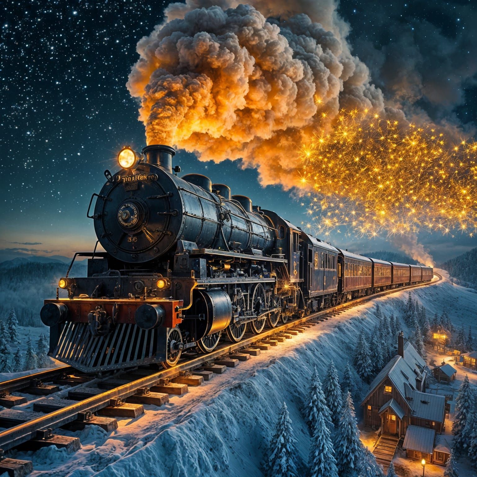A hyper-detailed, cinematic scene of a magical, whimsical old-fashioned steam locomotive flying across ...  by @jnatas