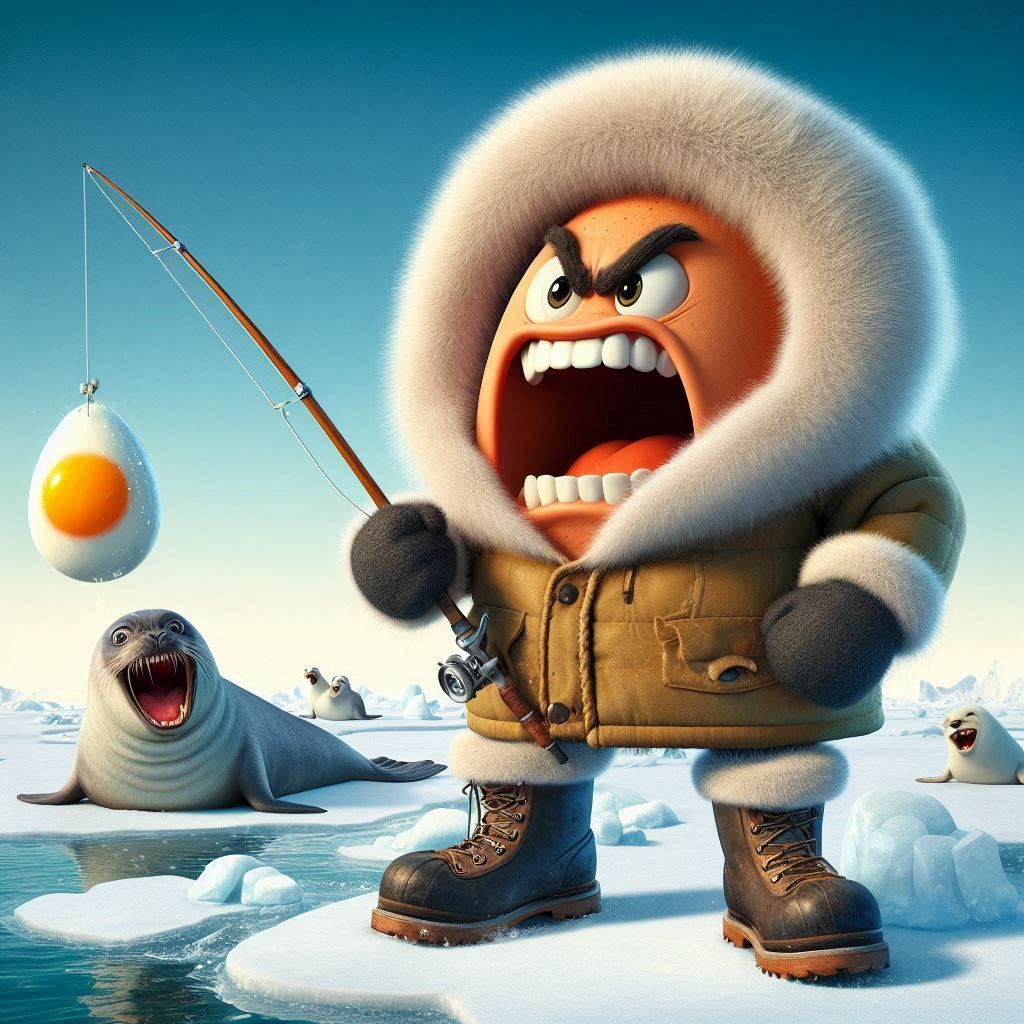 "He keeps laughing? Great. Meanwhile, I’m out here fishing frozen relatives. They call it 'œuf en gelée' in France. It's...