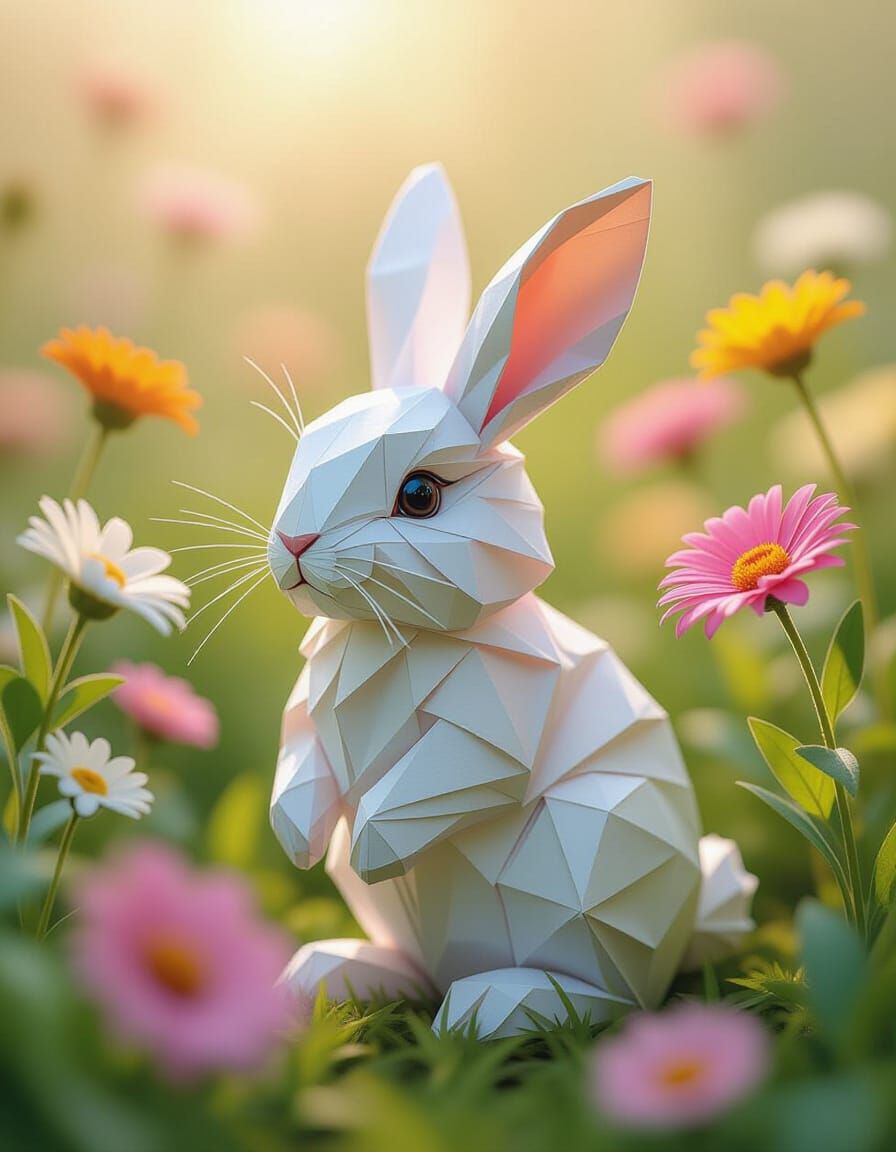 A cute rainbow shaggy origami rabbit made of paper in the flower garden Origami paper folds papercraft, made of paper, stationery, 8K resolu...