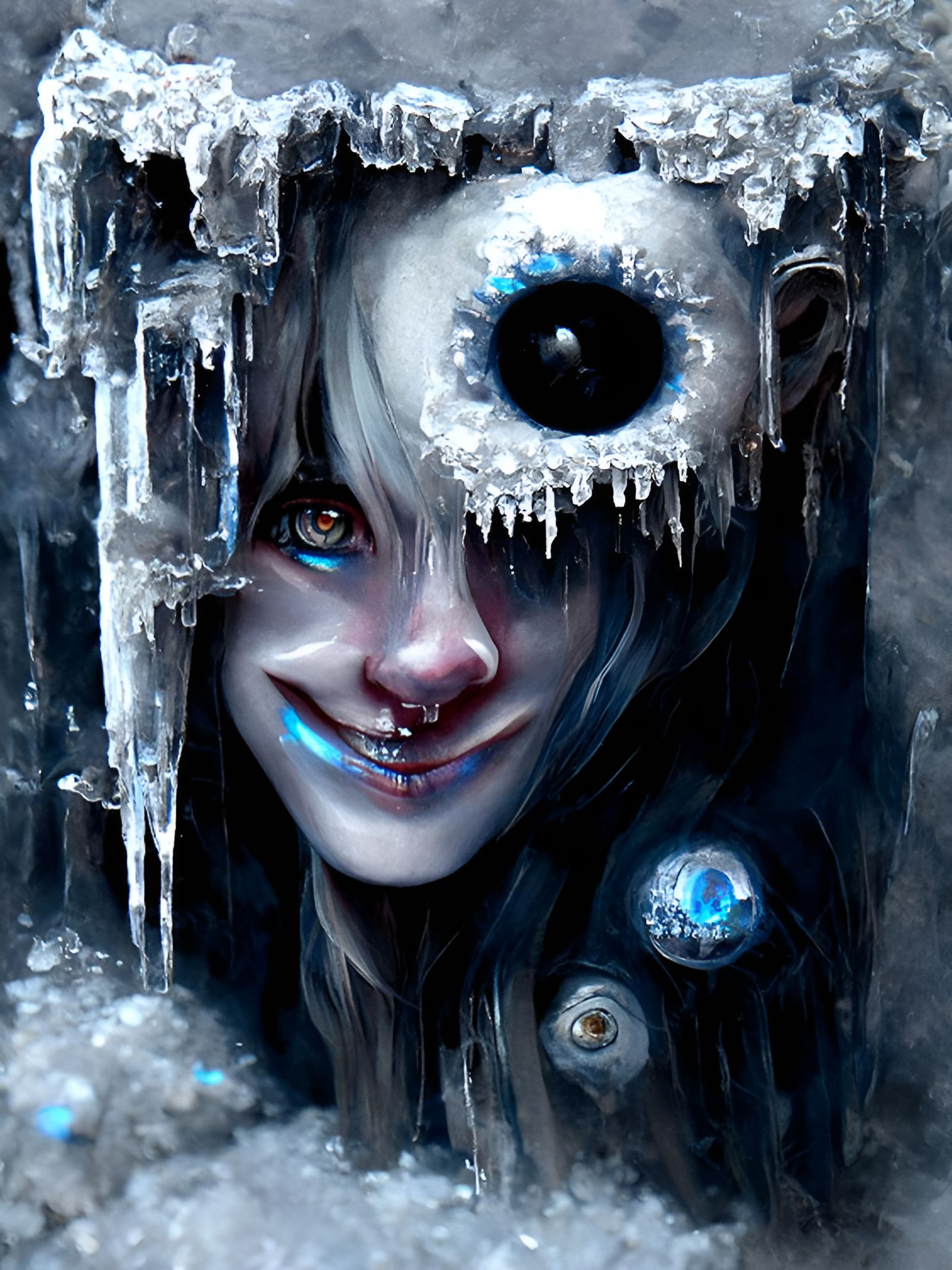 Smiling eyes made of ice that live in nightmare worlds, trending on Artstation, gothic art