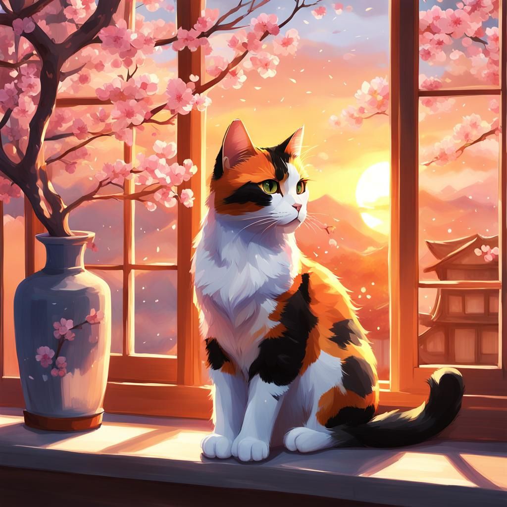 Calico cat sitting on a windowsill, sunset, sakura  by @Anna K