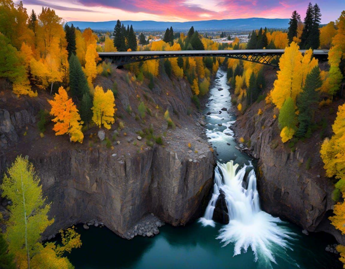  <lora:CosmicLightningDream:1.0> Spokane Falls at Monroe Street Bridge, Spokane, WA : Wide shot