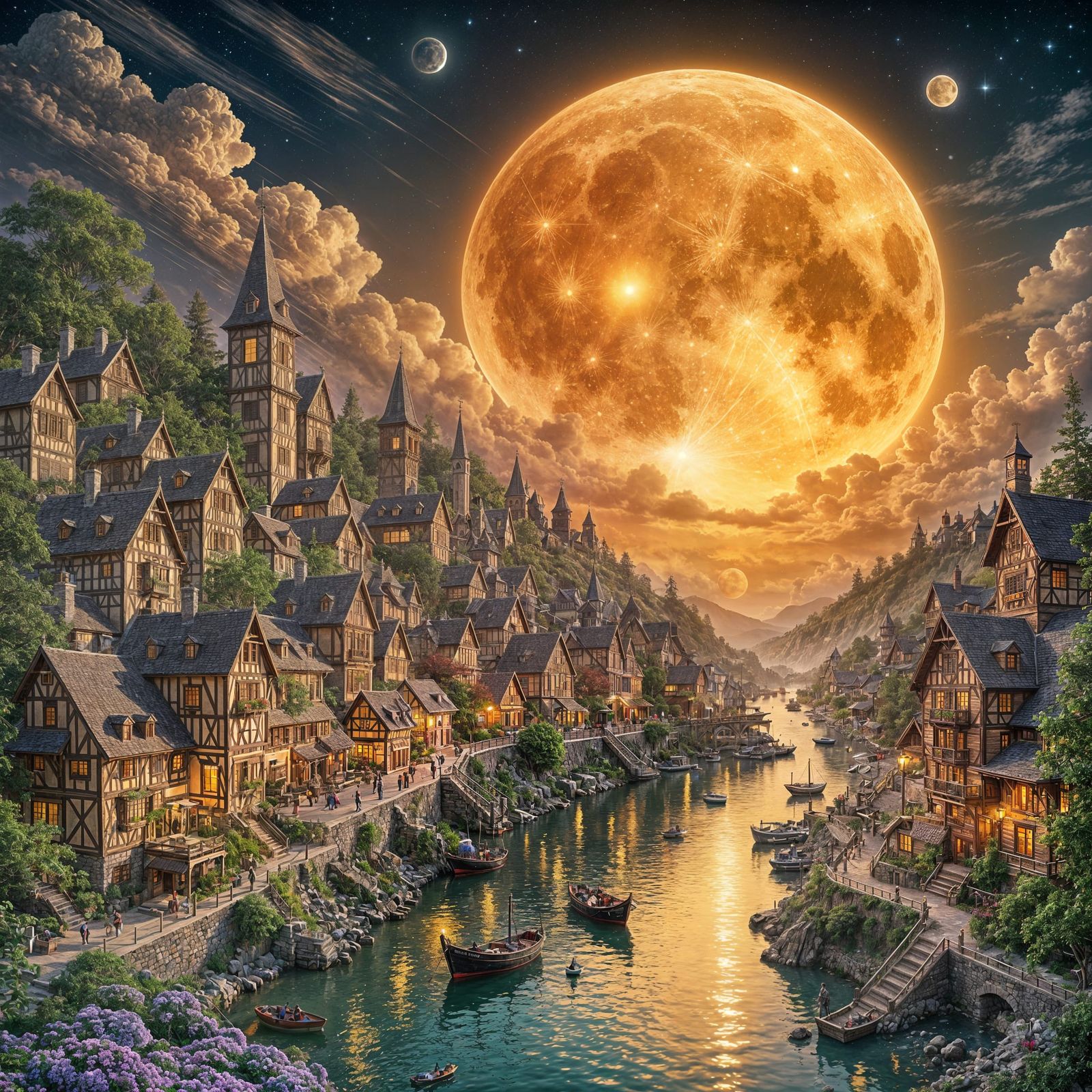 Fantasy Seaport Village Under a Giant Full Moon