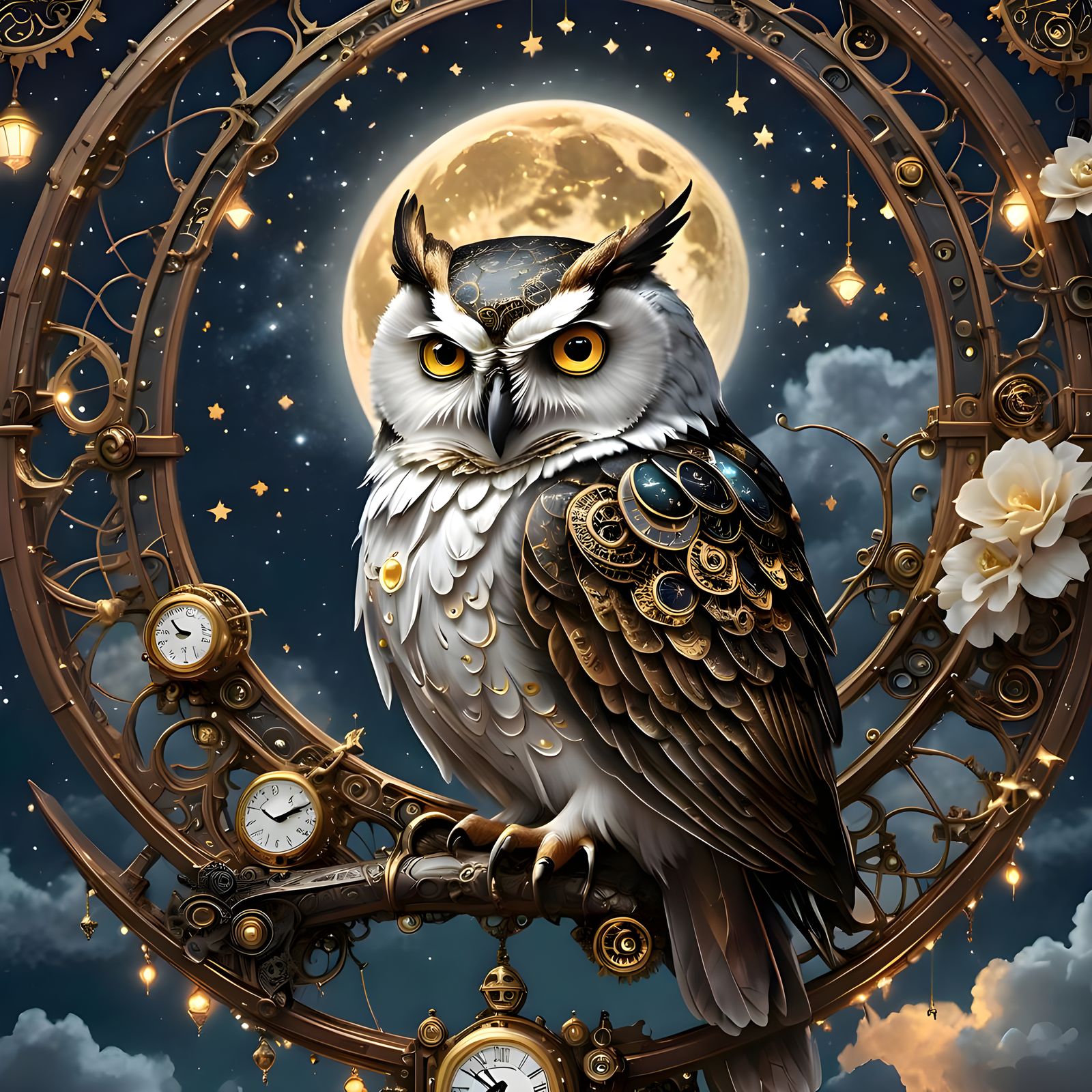 A gorgeous beautiful steampunk half moon in the night sky, i...