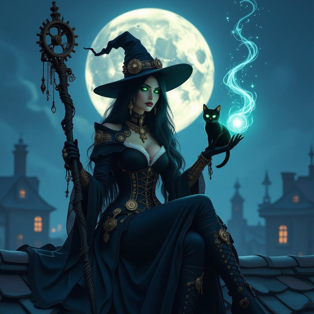 witch with her black cat familiar casting spells under a full moon  by @undefined