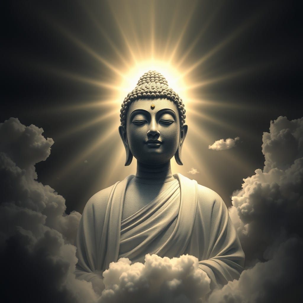 Surreal Buddha in Ephemeral Light, Blending Dark Shading and...