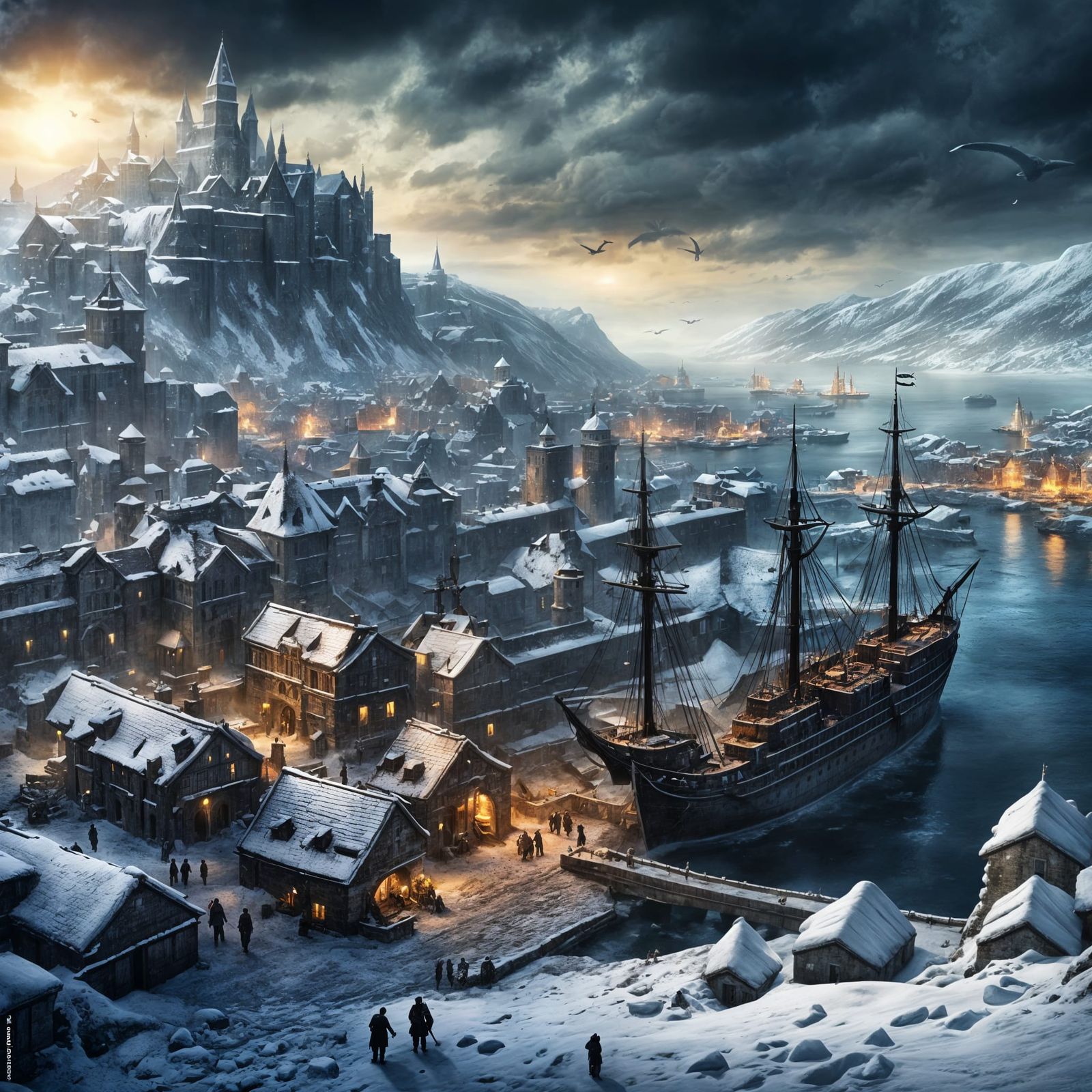 Croatian medieval military port city covered with snow and i...