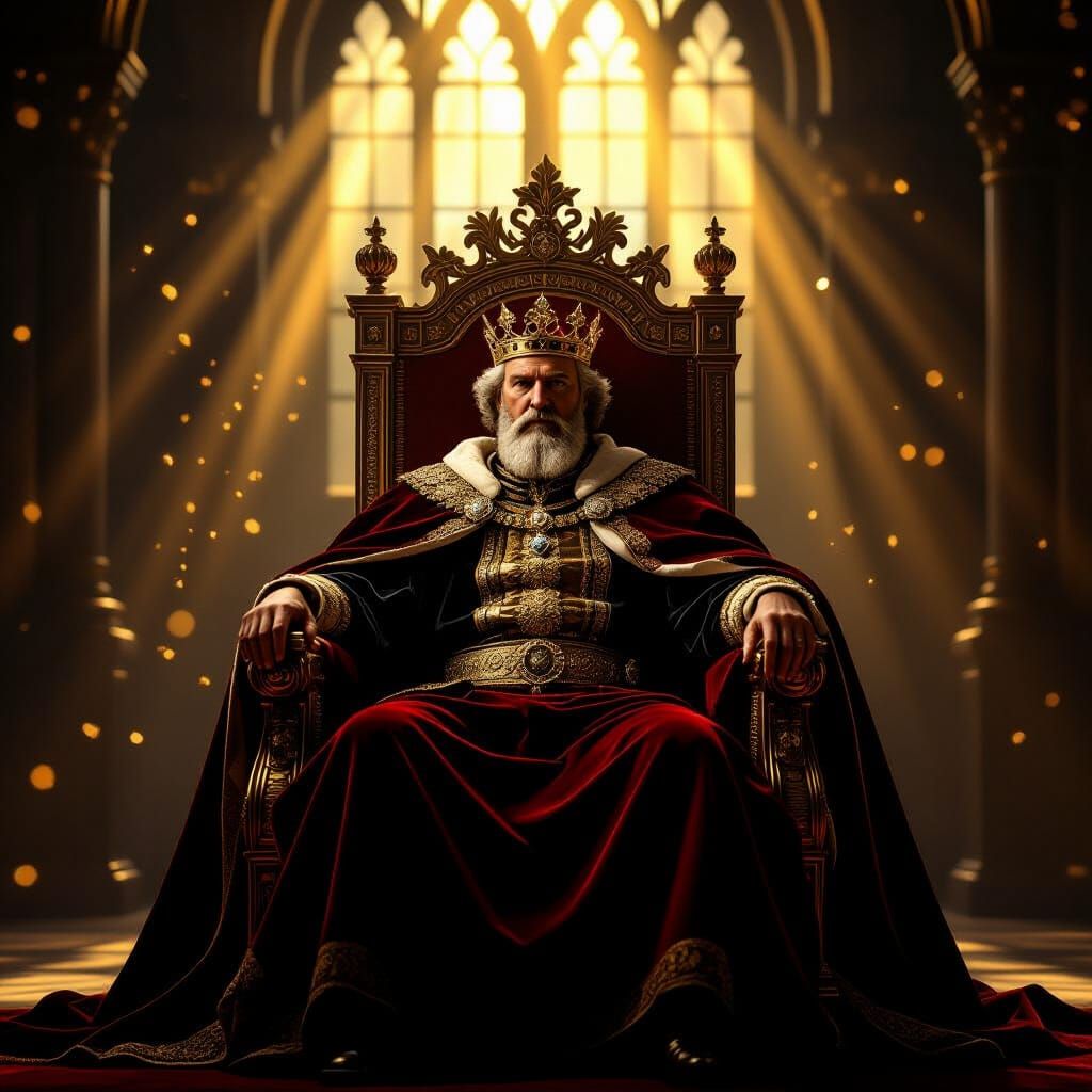 Regal King on Ornate Throne in Chiaroscuro Style