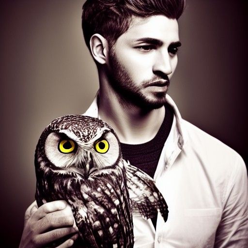 Handsome young man with an owl on his shoulder by Alberto Se...