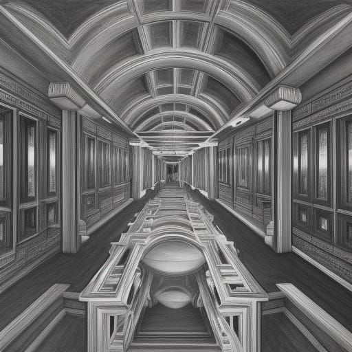 hall of mirrors with straircase in style of M C Escher