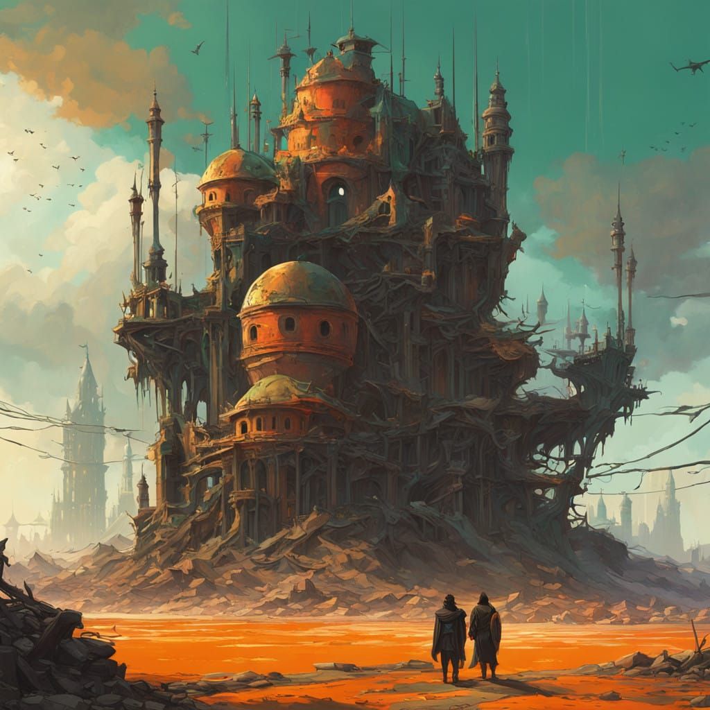 Two Men Stand atop Ancient Ruin in Futuristic Metropolis