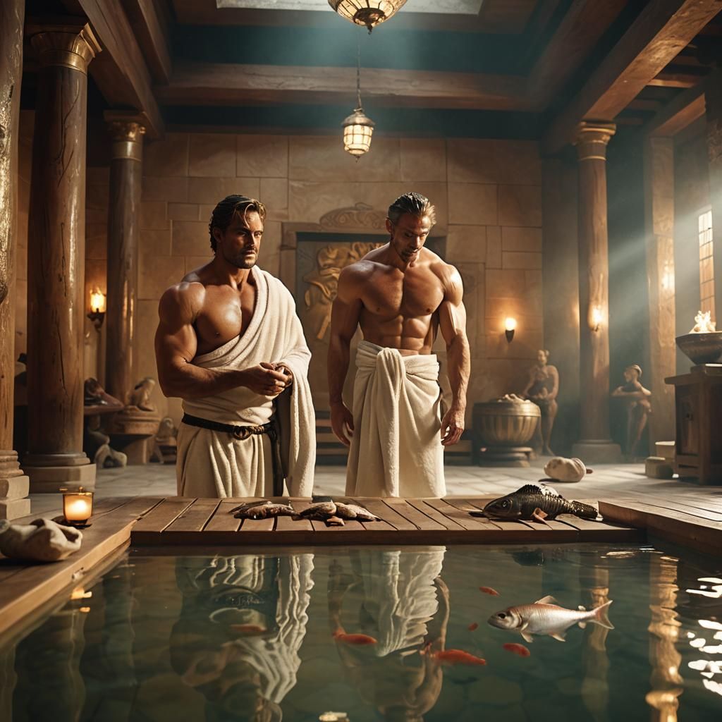Roman Sauna with Warriors and Exotic Fish