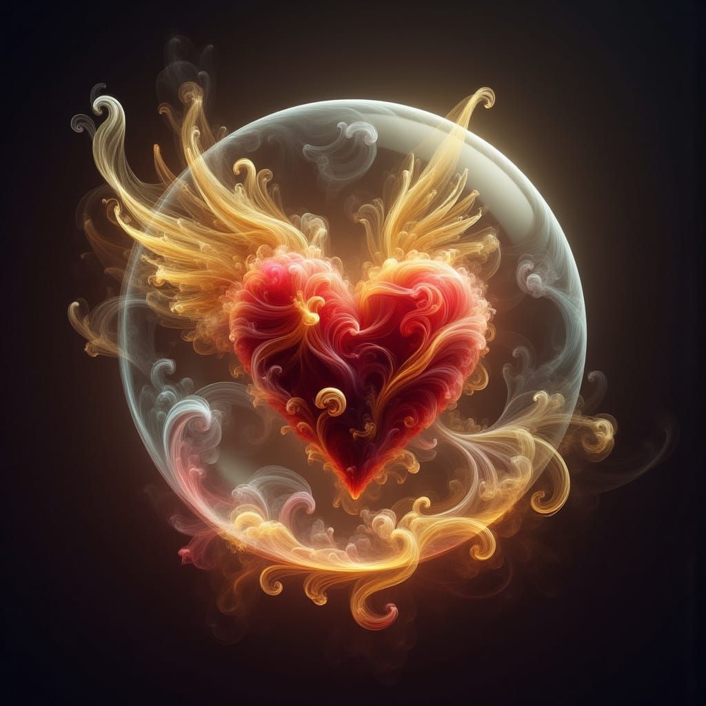 Winged Heart in Shimmering Sphere: Surreal Digital Art
