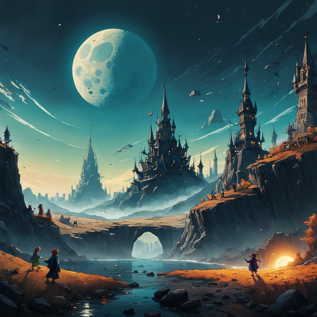 Whimsical Children Grasp the Luminescent Moon in Mid-Air