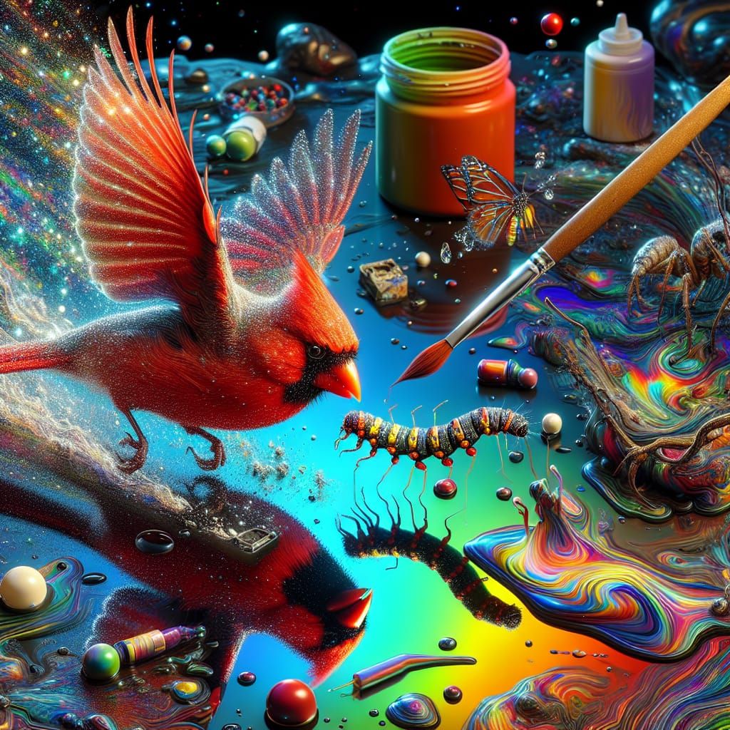 Holographic shimmer, iridescent, opalescent, cardinal diving...