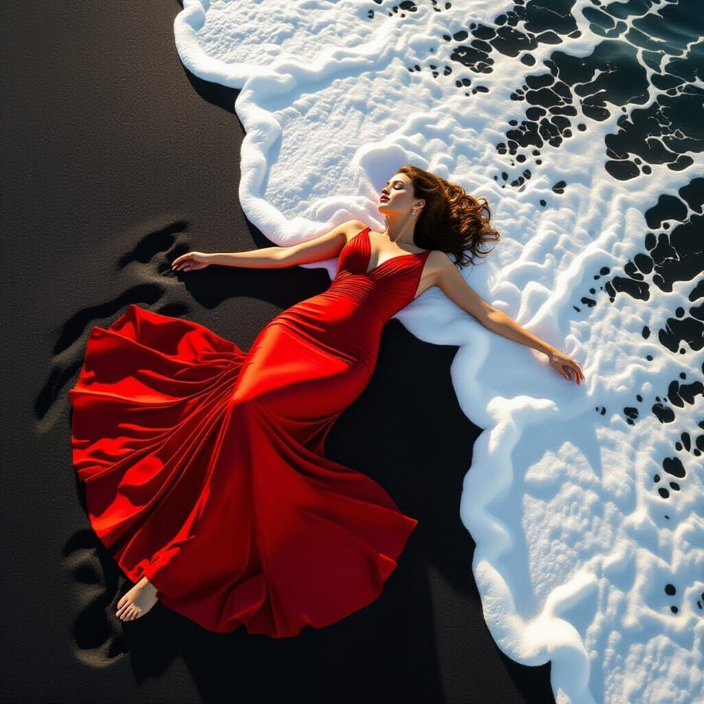 Woman in Red Dress on Black Sand Beach