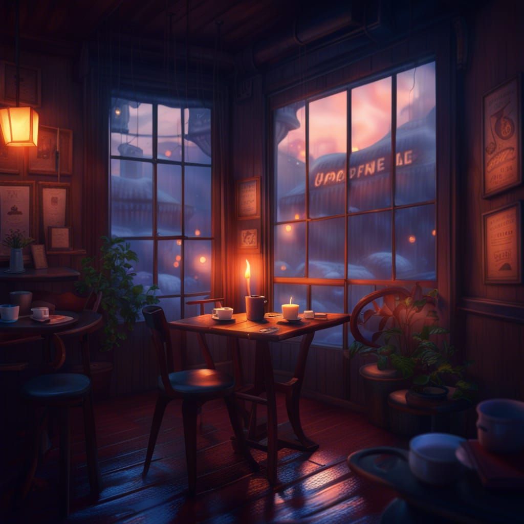 Candle lit coffee shop with hot steaming mug of coffee by fogged window,  warm ambiance, cozy, rainy day, lofi, peaceful - AI Generated Artwork -  NightCafe Creator