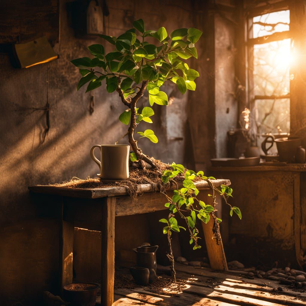 Spilled coffee beans in a leaky old cottage can't resist the call of life  by @The Unloved