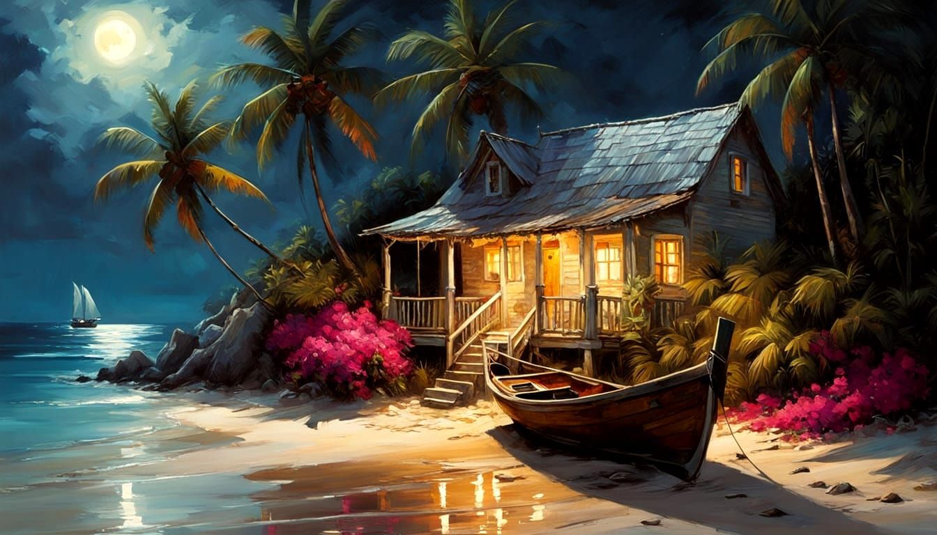 A fisherman's hut on a Caribbean beach under a full moon on a magically illuminated night.  by @Hugo Raul